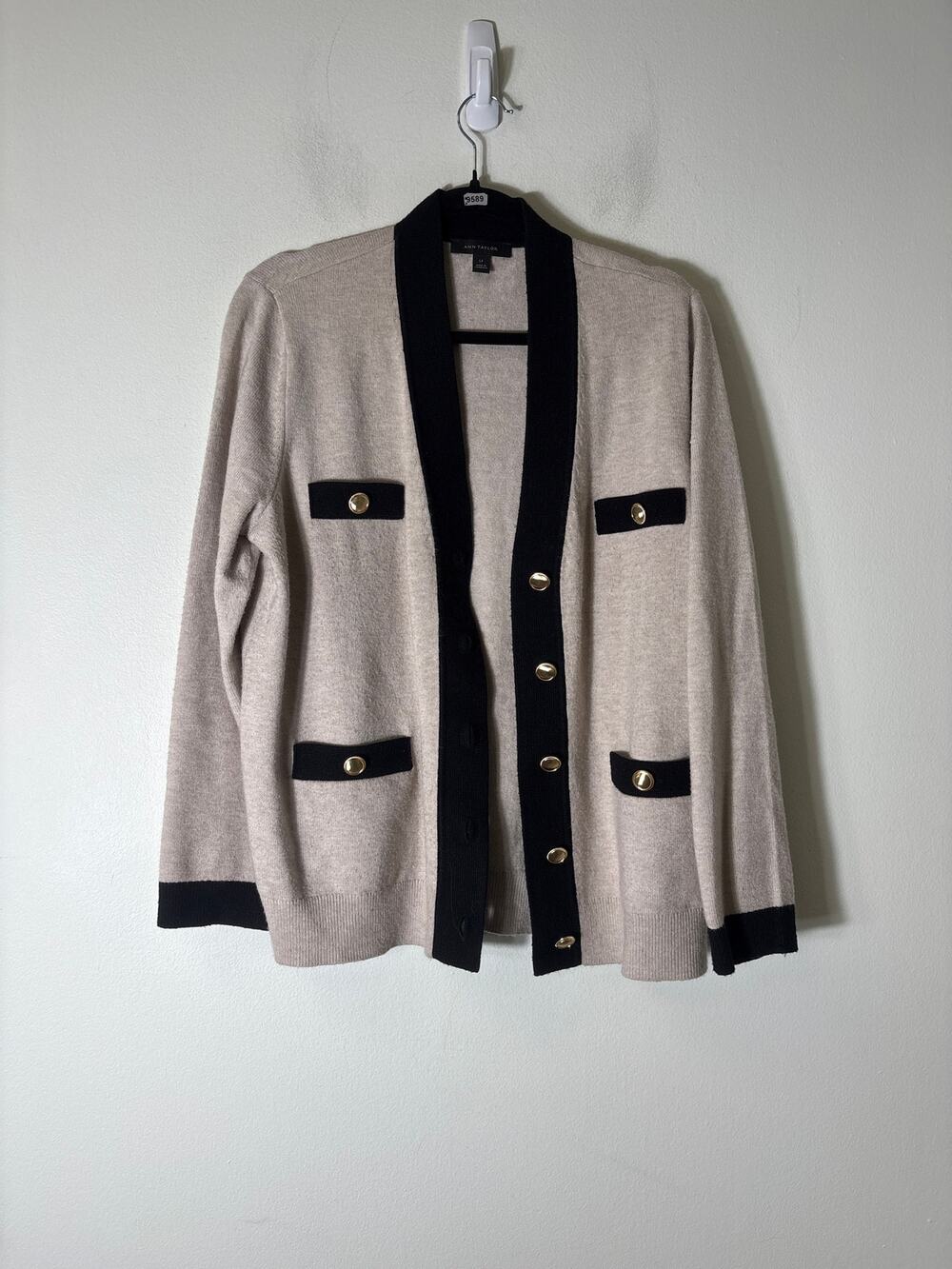 Ann Taylor Khaki and Black Trimmed Cardigan Sz LP